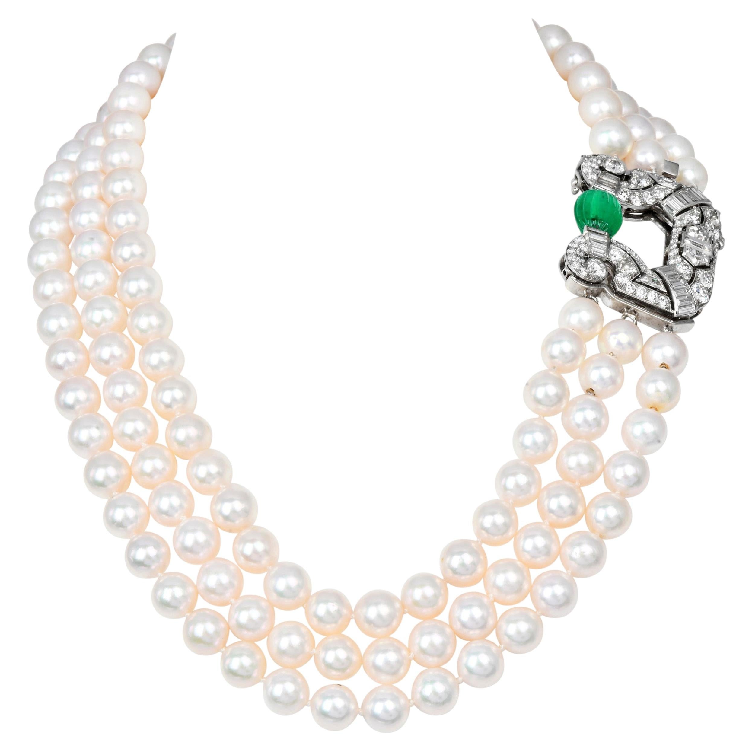 Three Strand 9mm Akoya Pearl Diamond Emerald Platinum Necklace