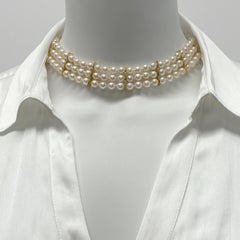 Three-Strand Akoya Pearl Choker with Diamond Bar Accents in 18 Karat Gold