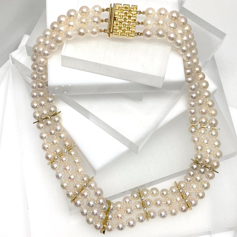 Brilliant Cut Three-Strand Akoya Pearl Choker with Diamond Bar Accents in 18 Karat Gold For Sale