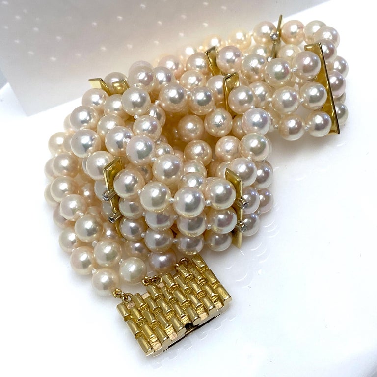 Three-Strand Akoya Pearl Choker with Diamond Bar Accents in 18 Karat Gold In Excellent Condition For Sale In Sherman Oaks, CA