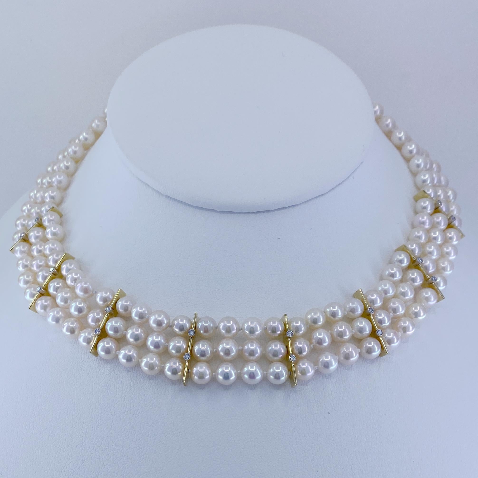 Contemporary Three-Strand Akoya Pearl Choker with Diamond Bar Accents in 18 Karat Gold For Sale