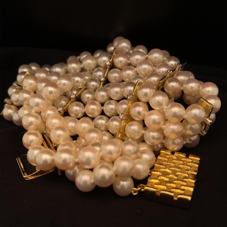Three-Strand Akoya Pearl Choker with Diamond Bar Accents in 18 Karat Gold For Sale 2