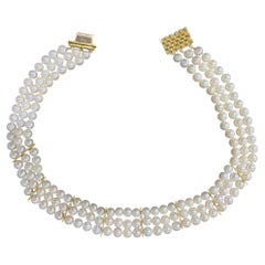 Three-Strand Akoya Pearl Choker with Diamond Bar Accents in 18 Karat Gold