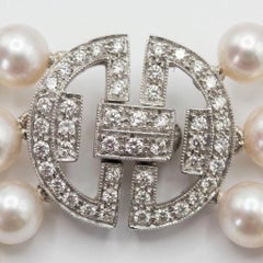 Three-Strand Akoya Pearl Necklace with Diamond 18k White Gold Art Deco Clasp