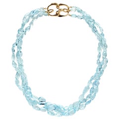 Three Strand Aquamarine Bead Necklace with 18 Karat Gold Hook Clasp