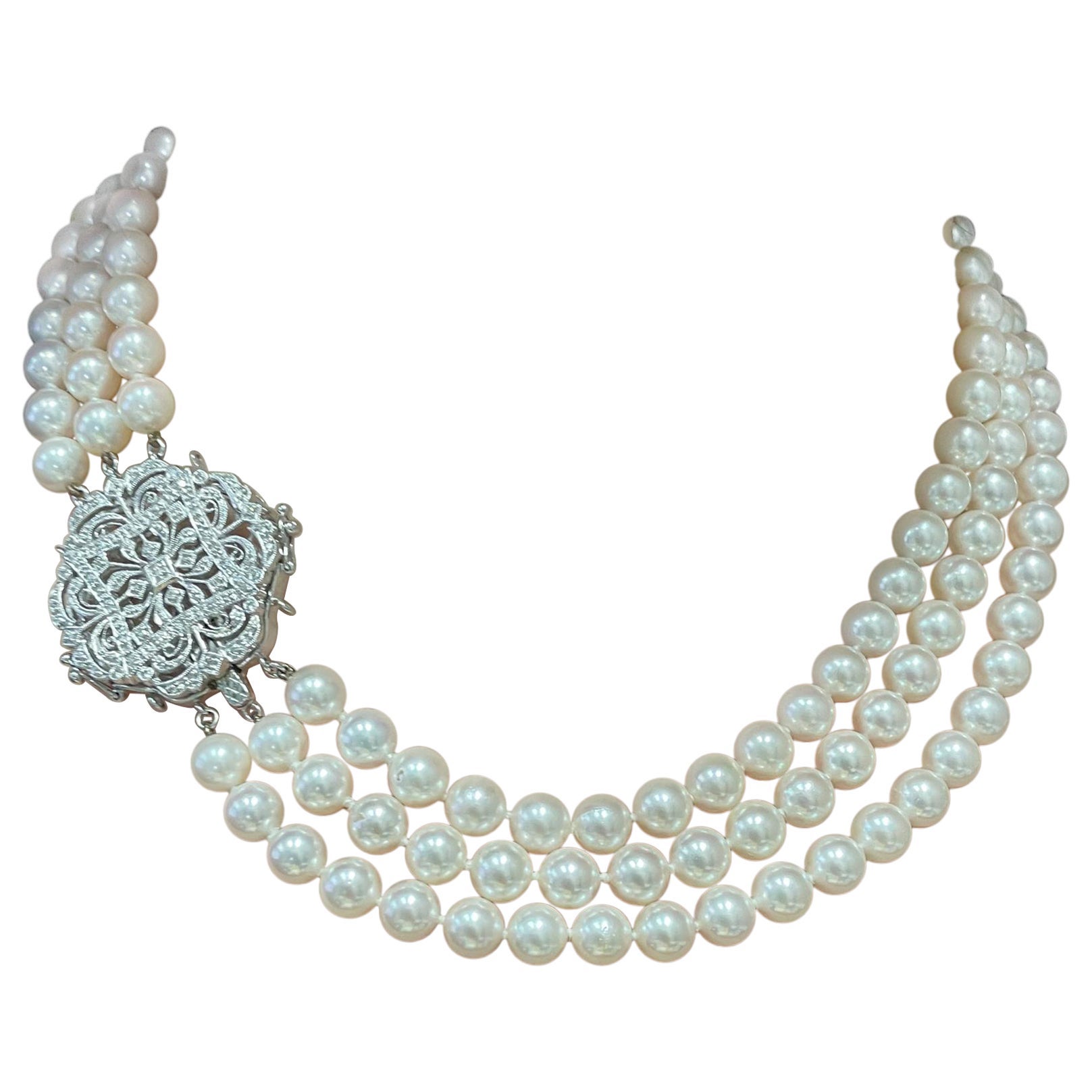 Three Strand Culture Pearl Necklace with 14K White Gold Antique Inspired Clasp