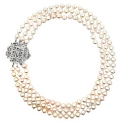 Three Strand Culture Pearl Necklace with 14K White Gold Antique Inspired Clasp