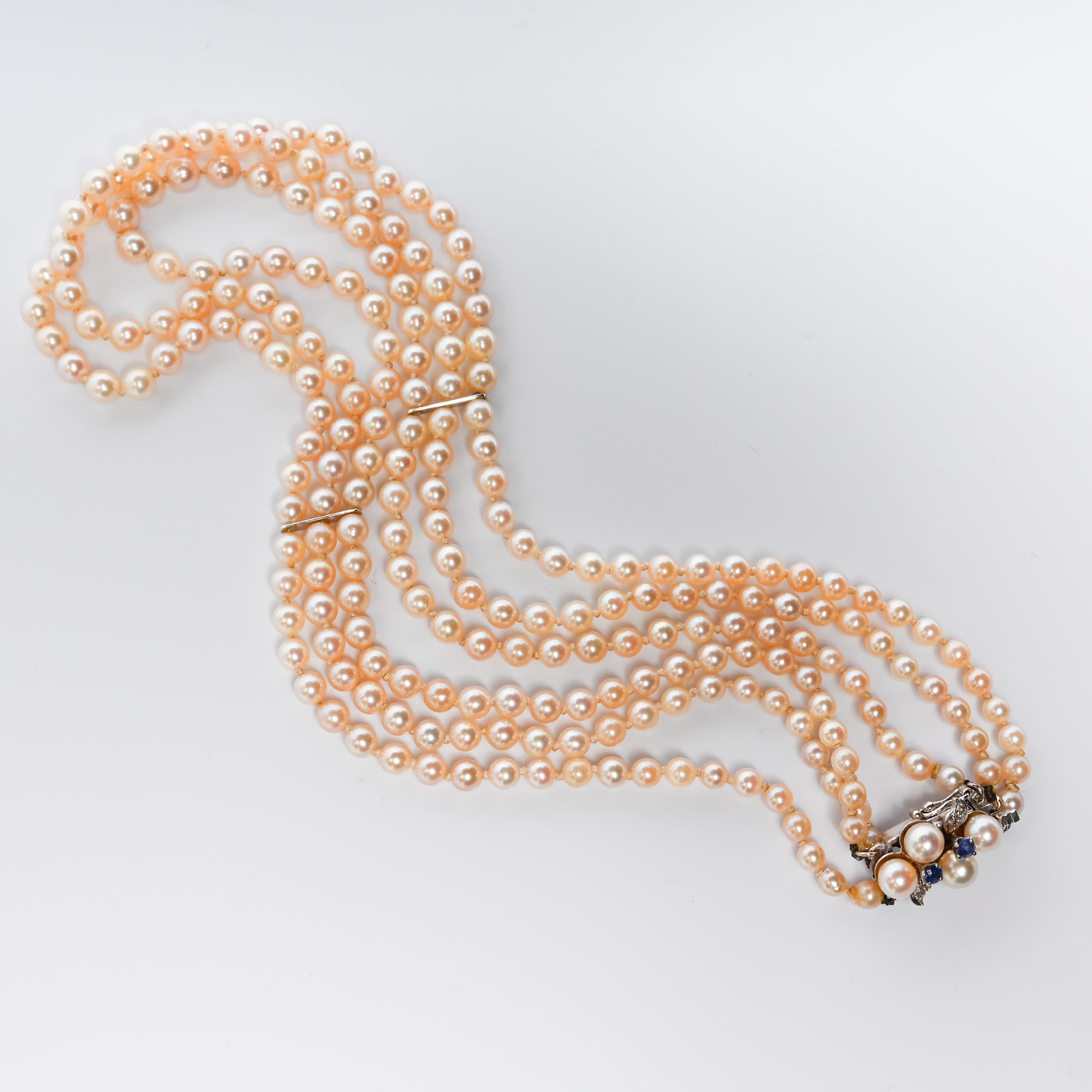 Three-Strand Cultured Akoya Pearl Necklace with Sapphire Clasp, Circa 1930s–40s In Excellent Condition For Sale In Southbury, CT