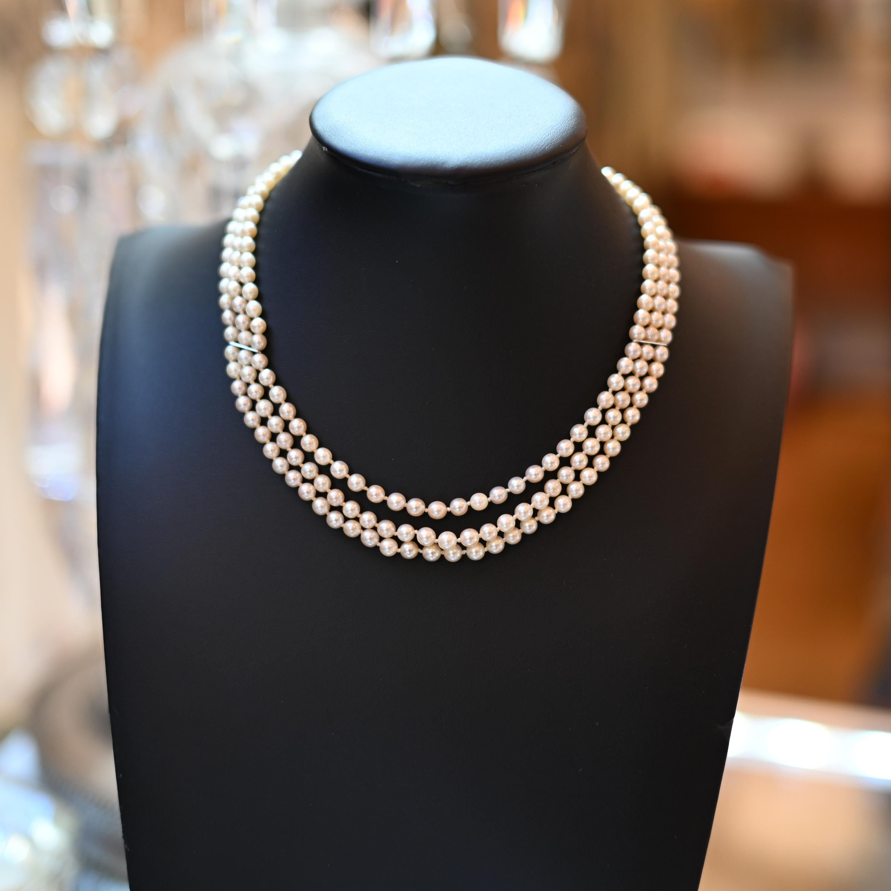 Women's or Men's Three-Strand Cultured Akoya Pearl Necklace with Sapphire Clasp, Circa 1930s–40s For Sale