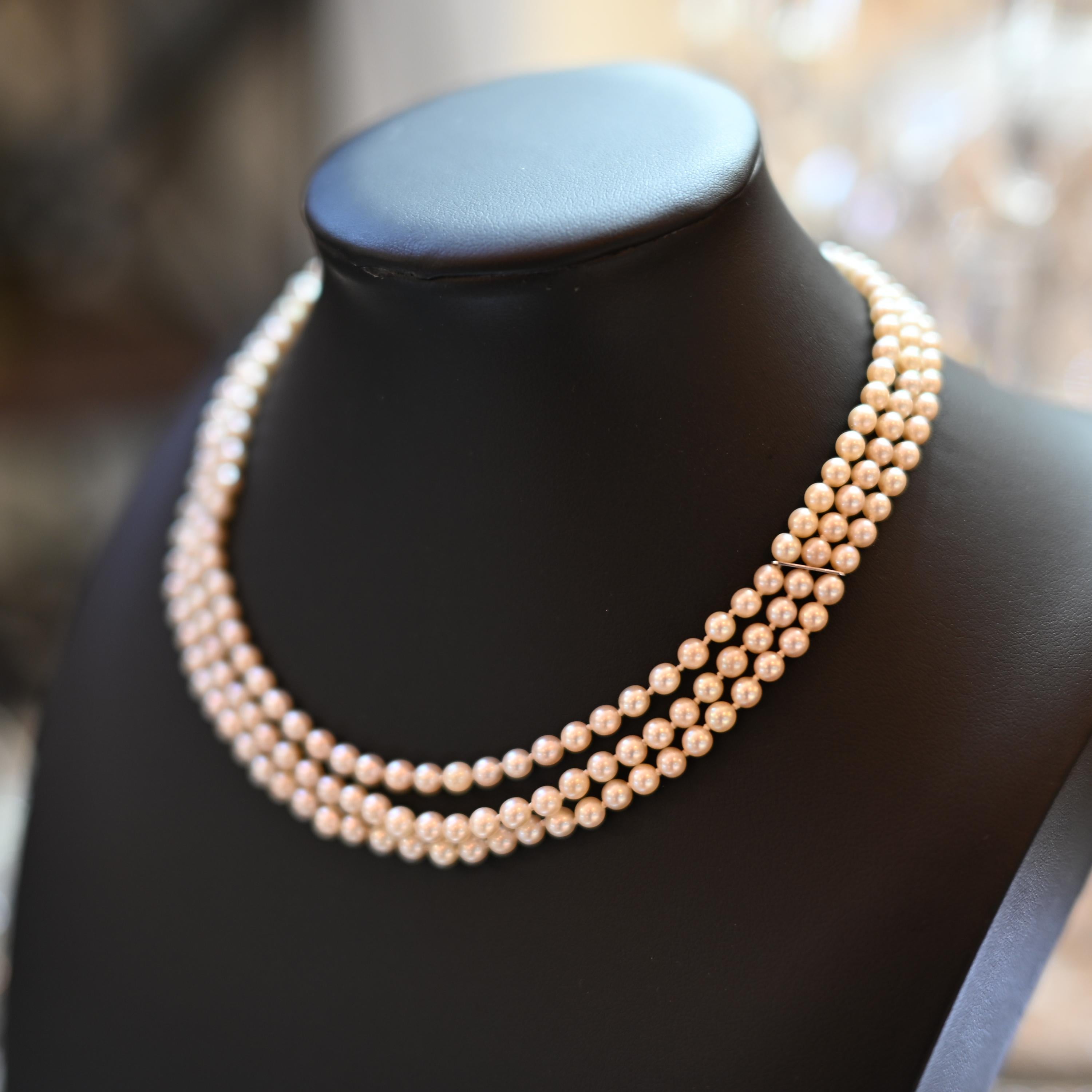 Three-Strand Cultured Akoya Pearl Necklace with Sapphire Clasp, Circa 1930s–40s For Sale 1