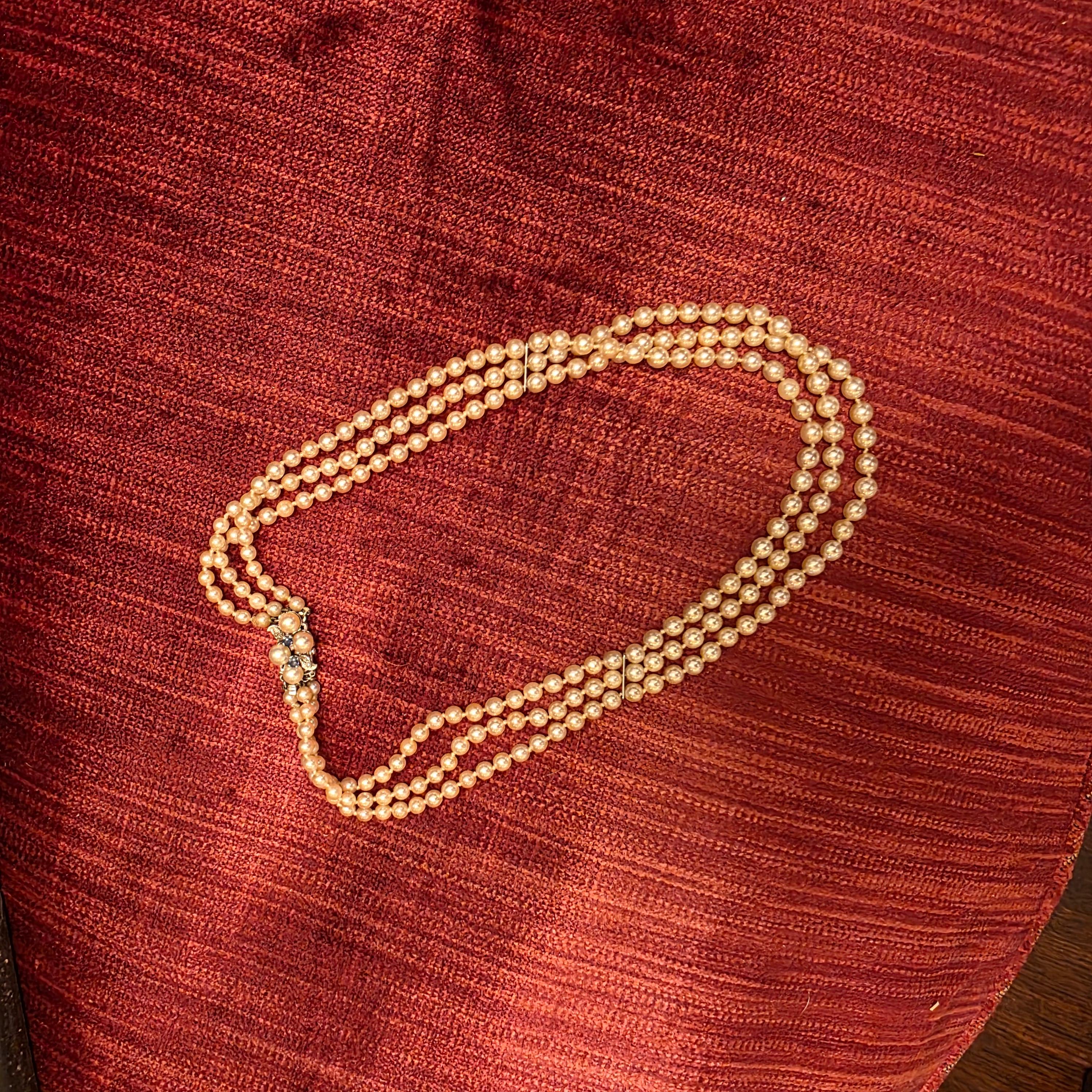 Three-Strand Cultured Akoya Pearl Necklace with Sapphire Clasp, Circa 1930s–40s For Sale 3