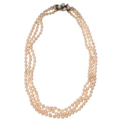 Three-Strand Cultured Akoya Pearl Necklace with Sapphire Clasp, Circa 1930s–40s