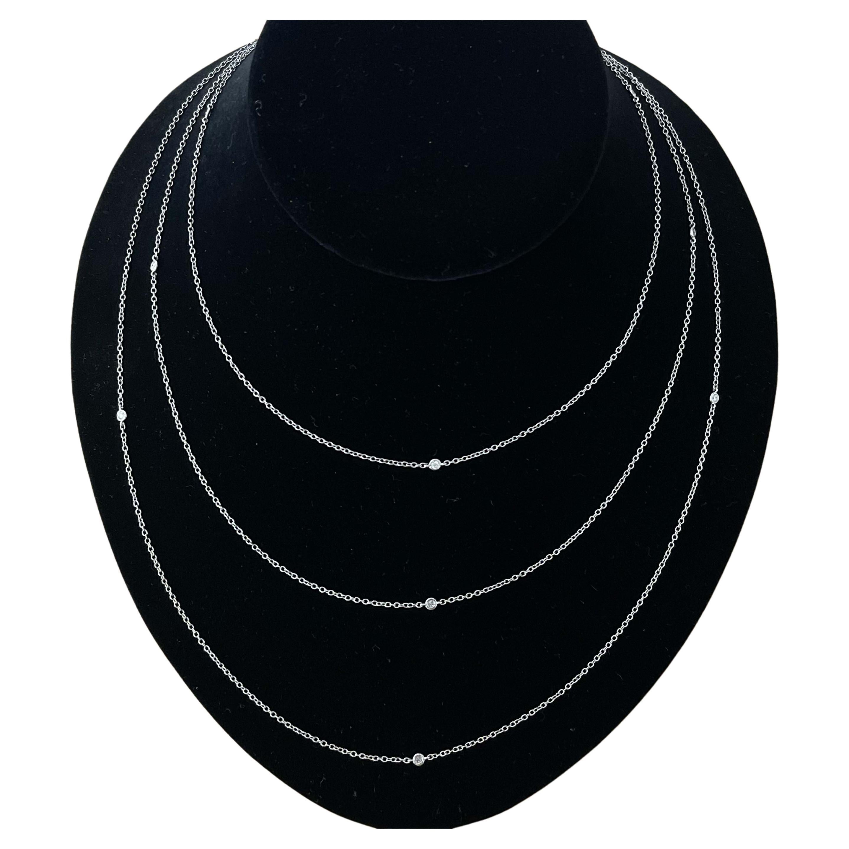 Three Strand Diamonds by the Yard Chain Necklace in 18k White Gold For Sale