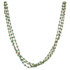 Three Strand Emerald Bead Necklace in 18 Karat Yellow Gold