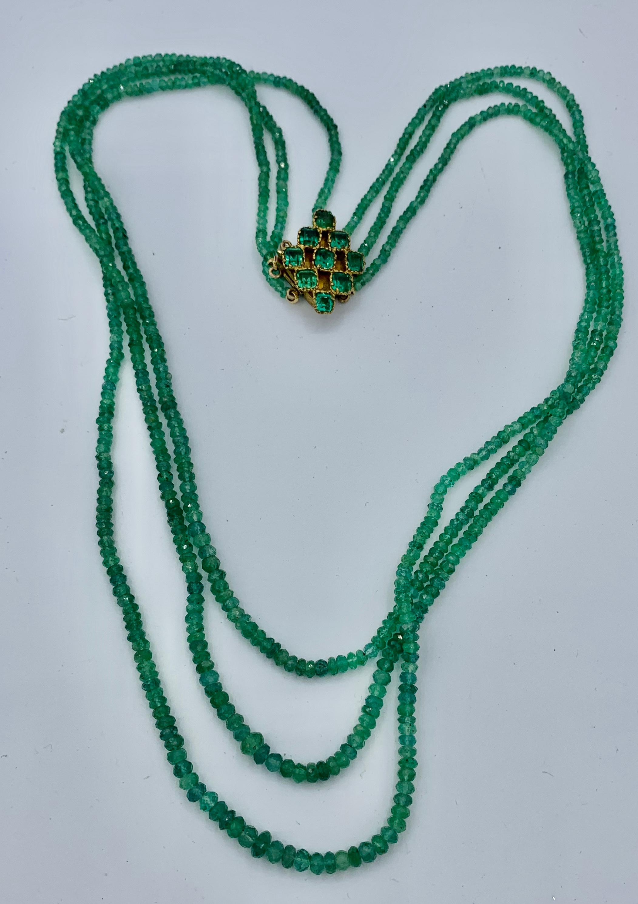 Contemporary Three Strand Emerald Necklace Graduated Natural Mined Emeralds For Sale