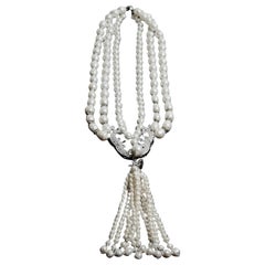Three-Strand Freshwater Pearl Tassel Necklace with Crystal Accents