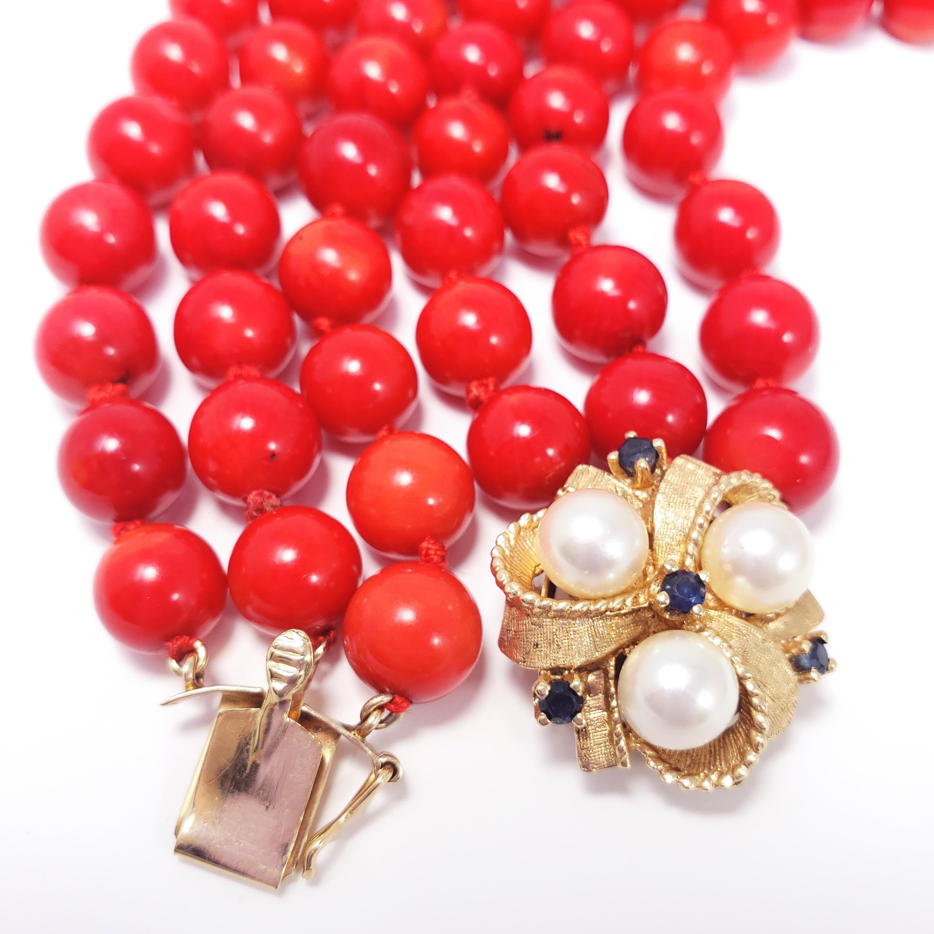 Women's or Men's Three-Strand Genuine Red Coral Necklace, 14 Karat Clasp with Pearls, Sapphires