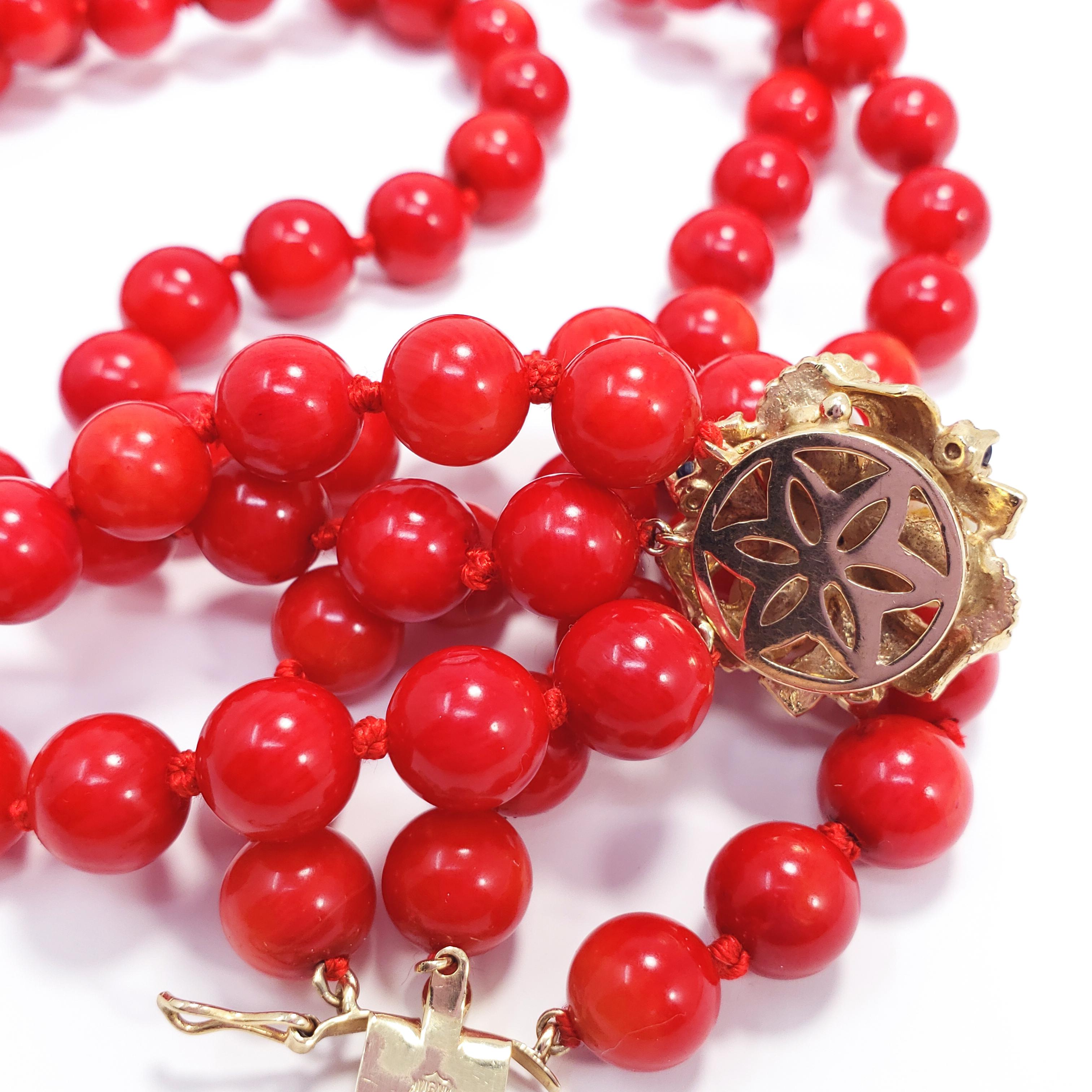 Three-Strand Genuine Red Coral Necklace, 14 Karat Clasp with Pearls, Sapphires 3