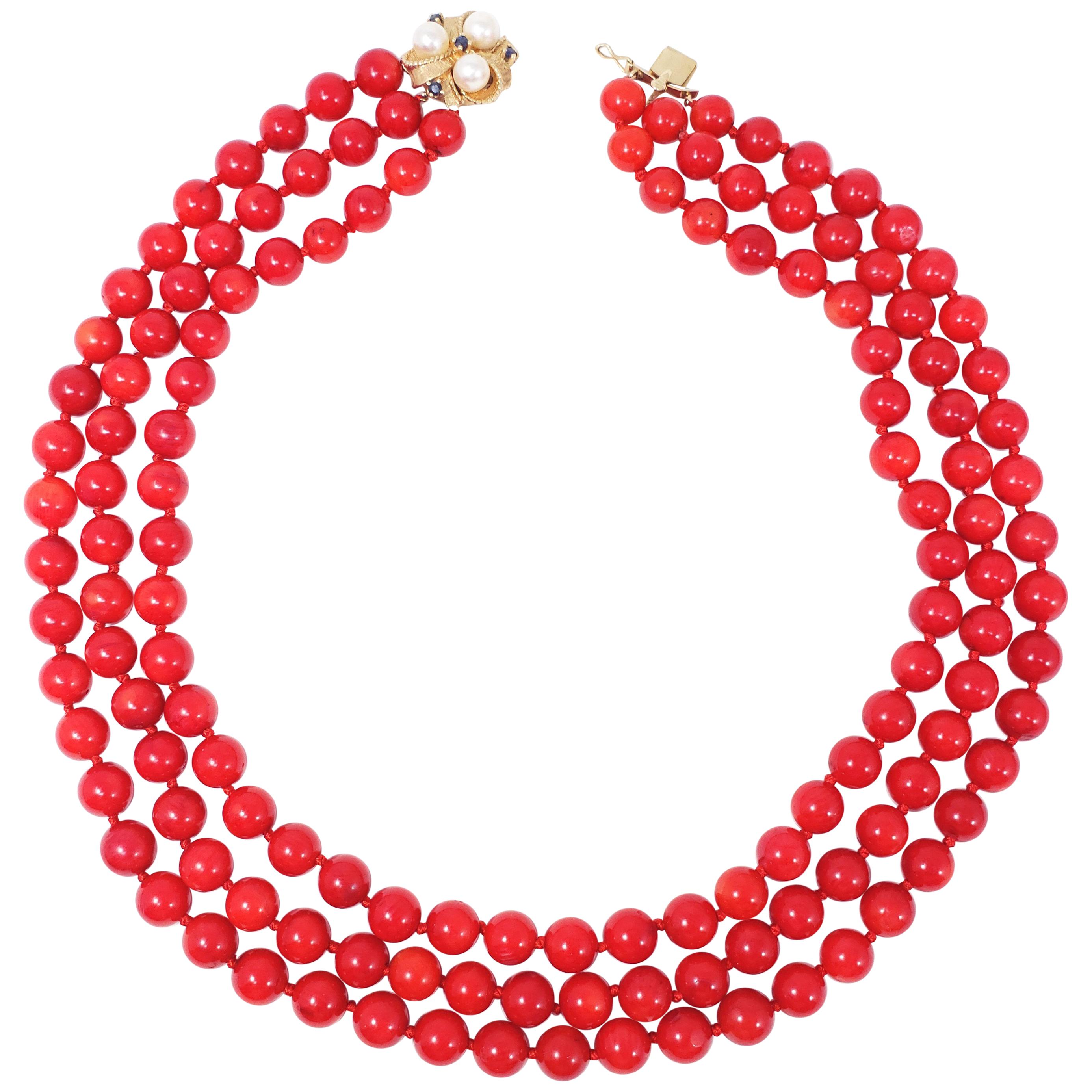 Three-Strand Genuine Red Coral Necklace, 14 Karat Clasp with Pearls, Sapphires