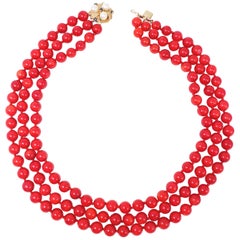 Vintage Three-Strand Genuine Red Coral Necklace, 14 Karat Clasp with Pearls, Sapphires