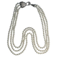 Three Strand Glass Pearls Necklace with Silver Plated Pavé Panther Clasp