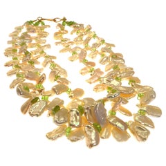 Three strand Iridescent Pearl and Peridot Choker Necklace