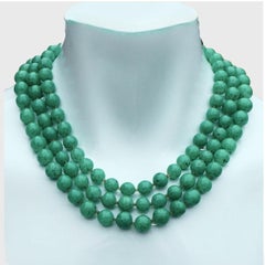 Three Strand Mottled Green Glass Beaded Necklace with Small Amber Glass Beads