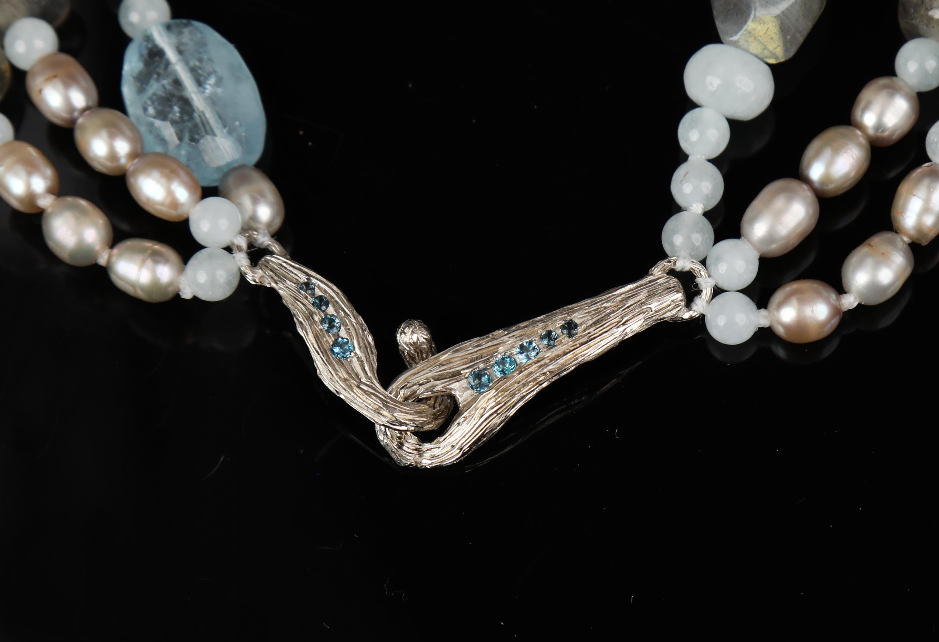Women's Pearl, Aquamarine, Topaz, Labradorite, and White Gold Necklace For Sale