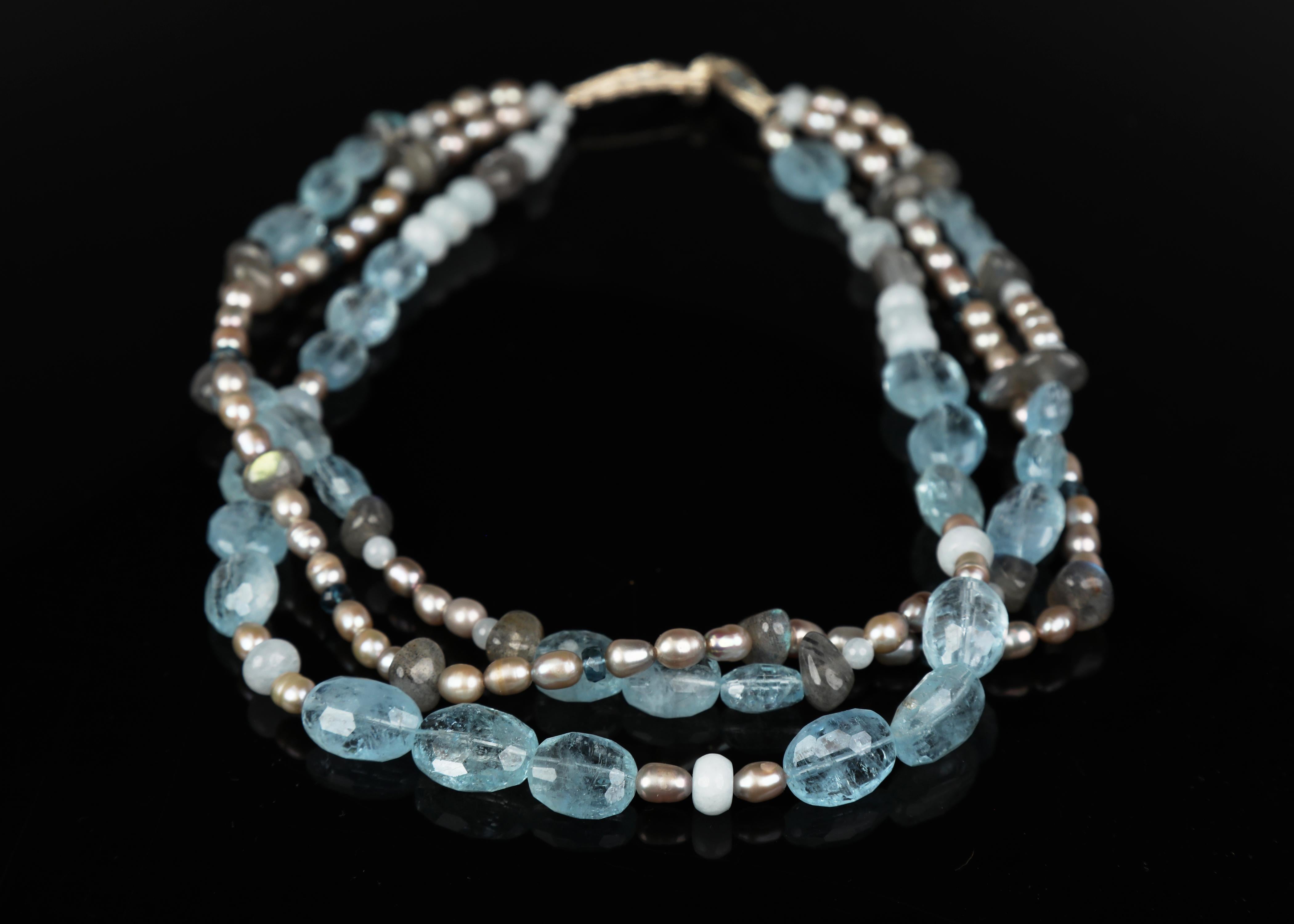 Pearl, Aquamarine, Topaz, Labradorite, and White Gold Necklace In New Condition For Sale In Athens, GA