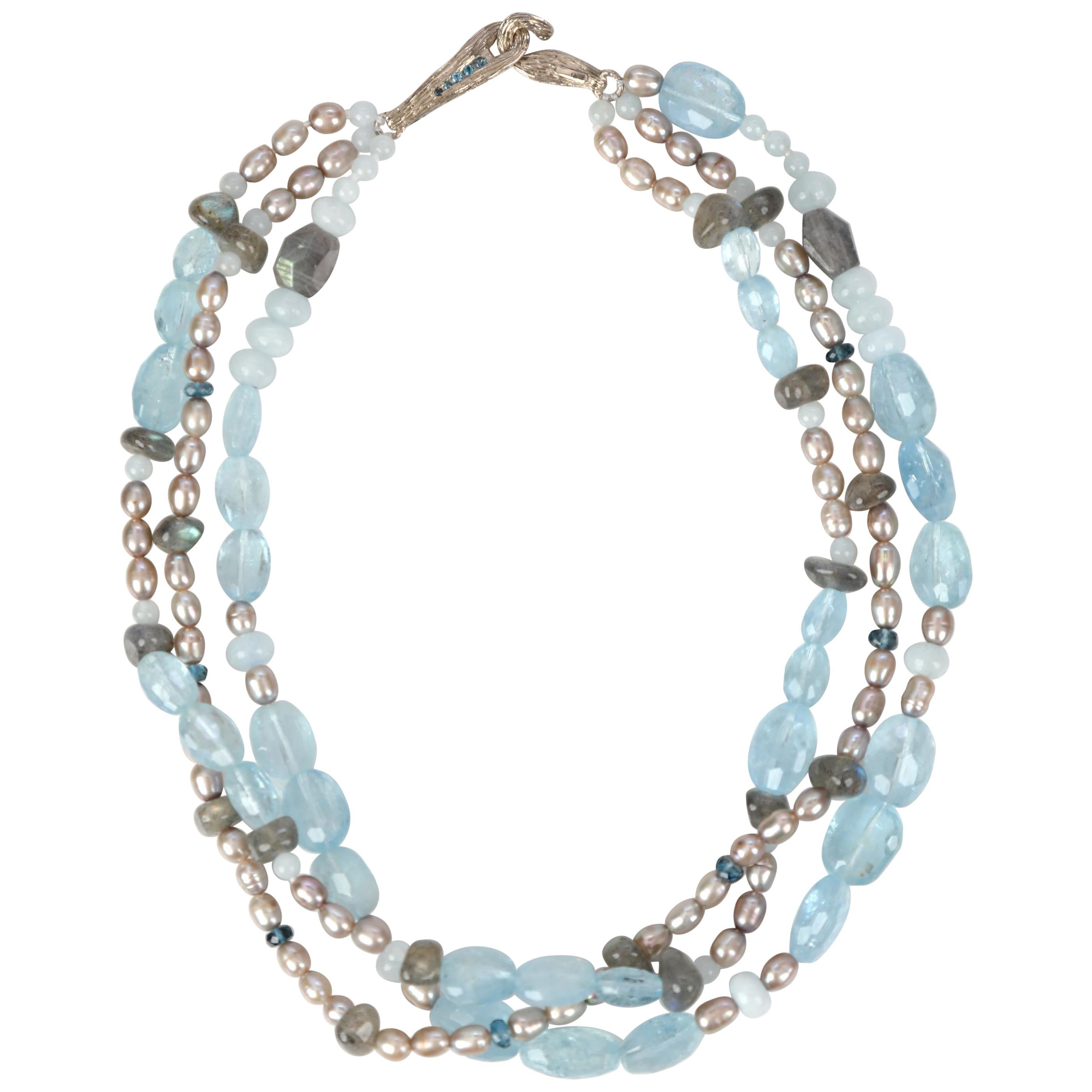Pearl, Aquamarine, Topaz, Labradorite, and White Gold Necklace For Sale