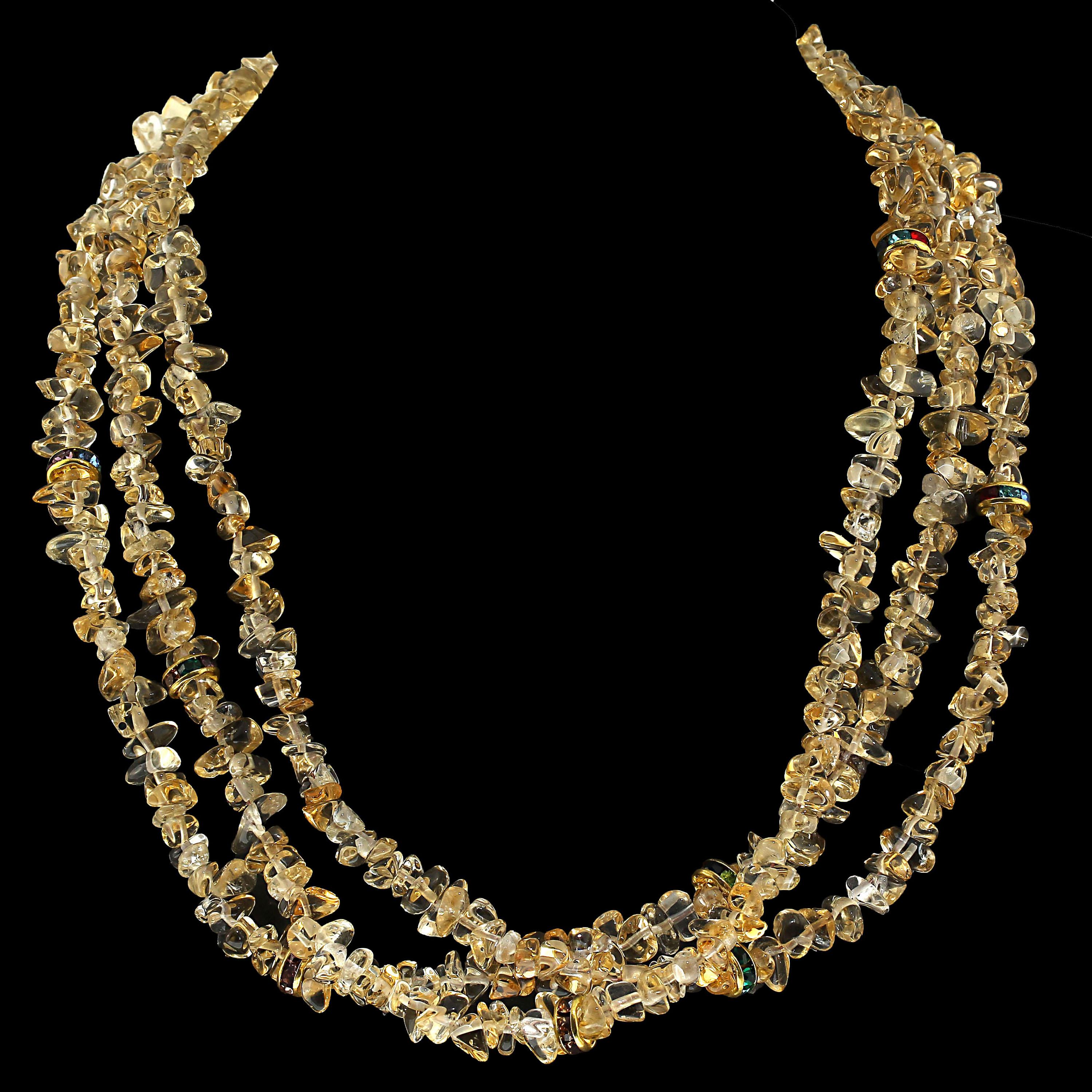 AJD 18 Inch Three-Strand Necklace of Citrine with Crystal Rondelles  In New Condition In Raleigh, NC