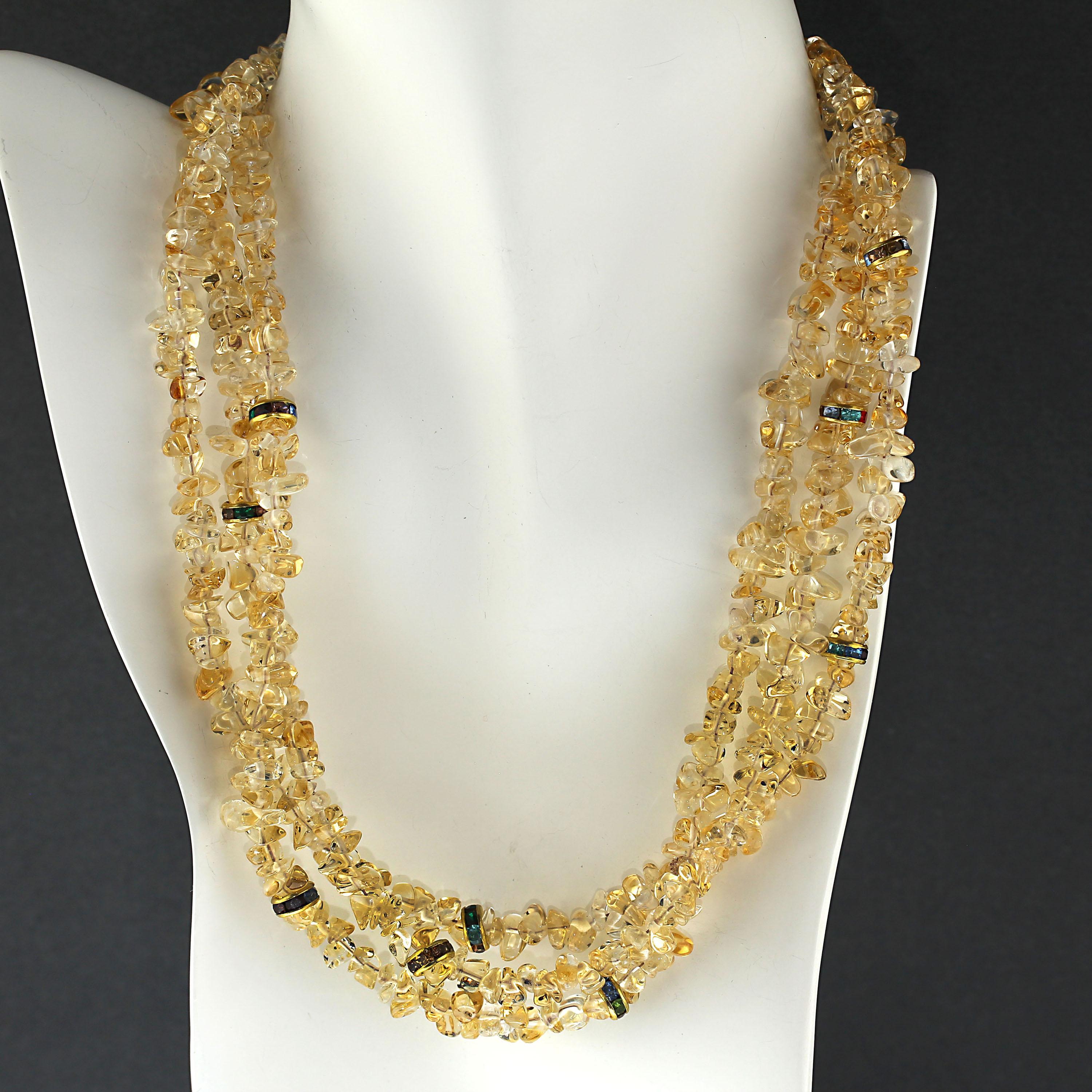 Bead AJD 18 Inch Three-Strand Necklace of Citrine with Crystal Rondelles 