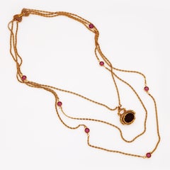 Three Strand Necklace With Amethyst Crystal Spinner Pendant By Goldette, 1960s