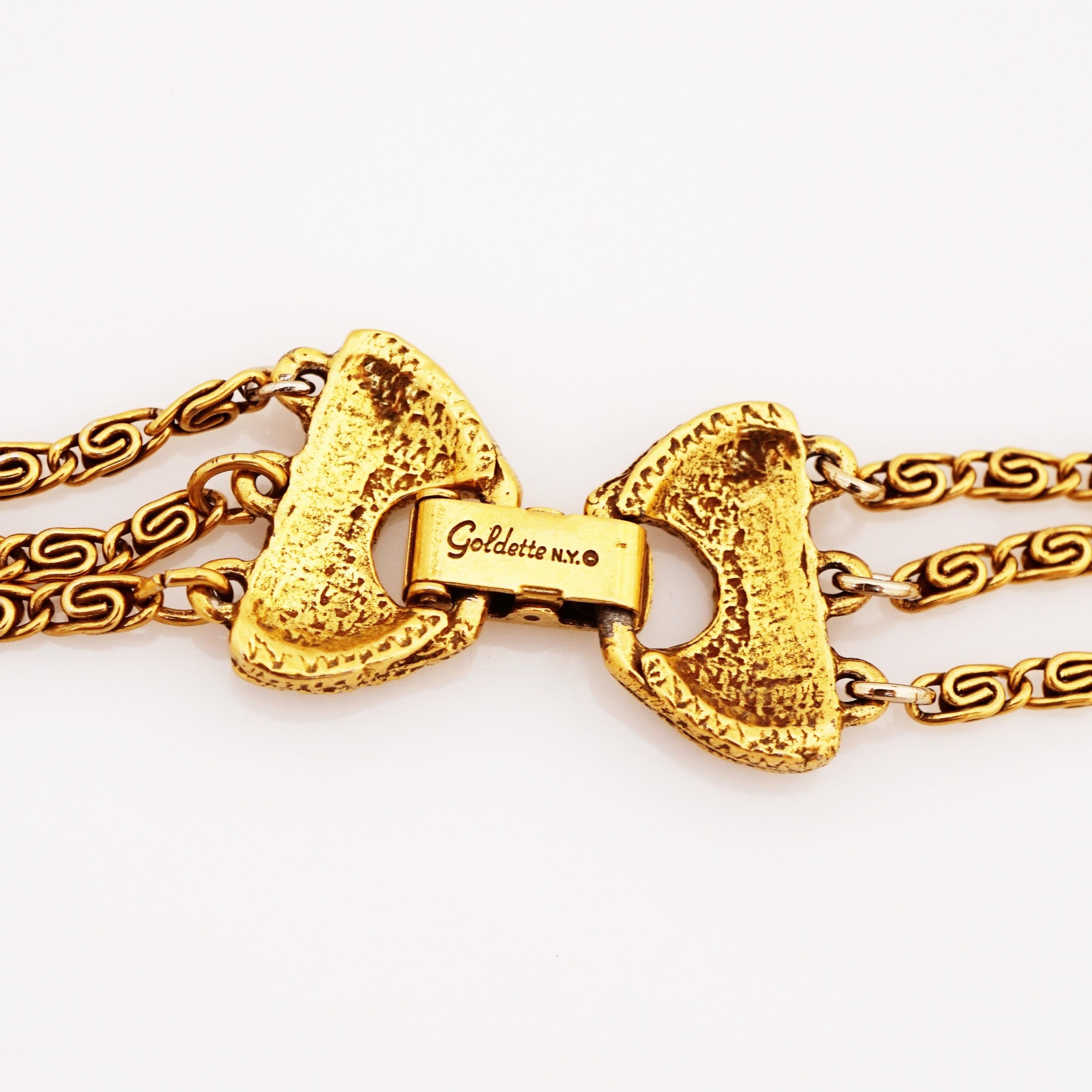 Modern Three Strand Necklace With Topaz Intaglio Pendant By Goldette, 1960s