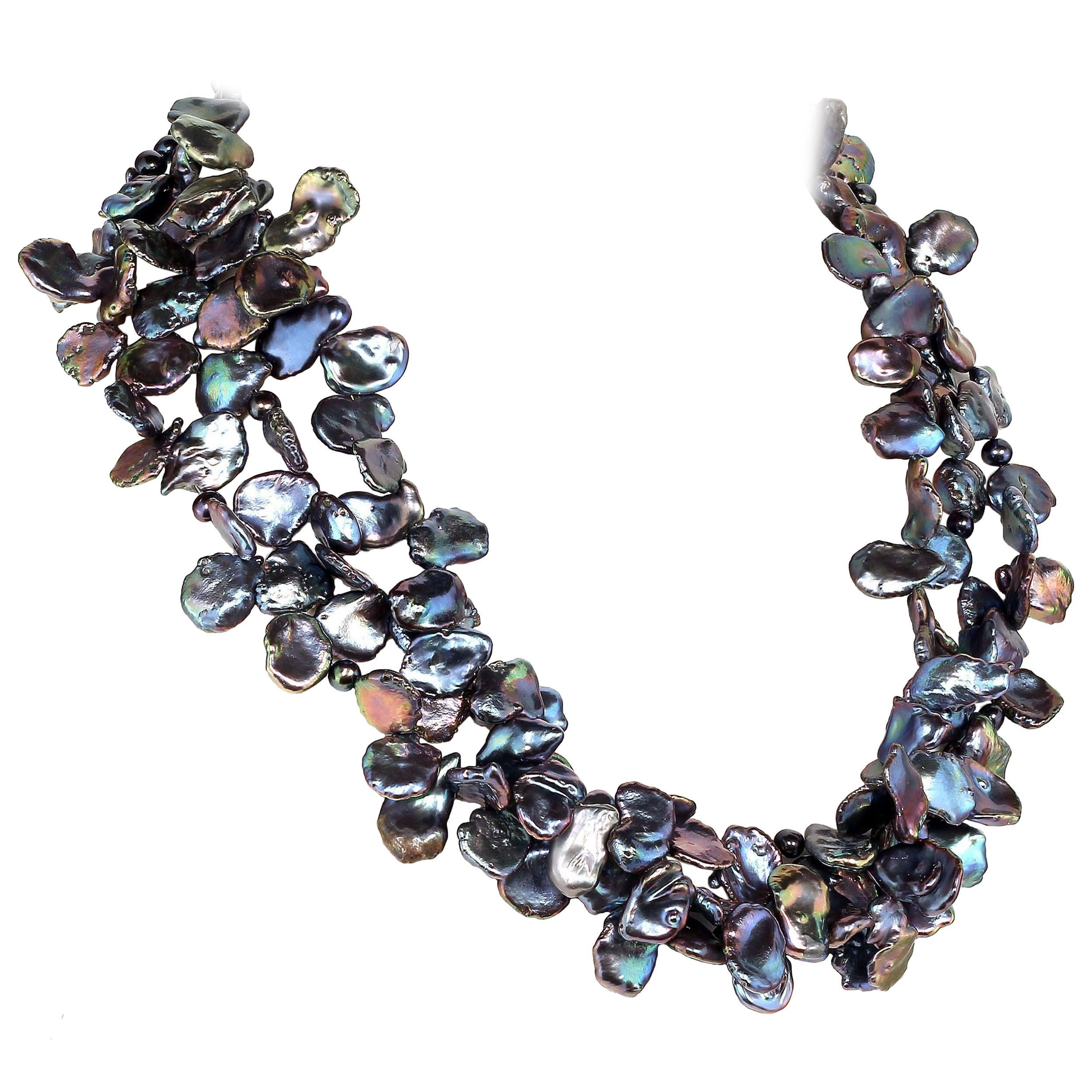 Gemjunky Three-Strand Peacock Color Pearls Choker Necklace