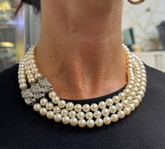 Three Strand Pearl and Diamond Necklace
