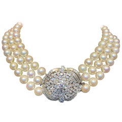 Three-Strand Pearl and Diamond Necklace