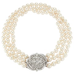 Three-Strand Pearl and Diamond Necklace