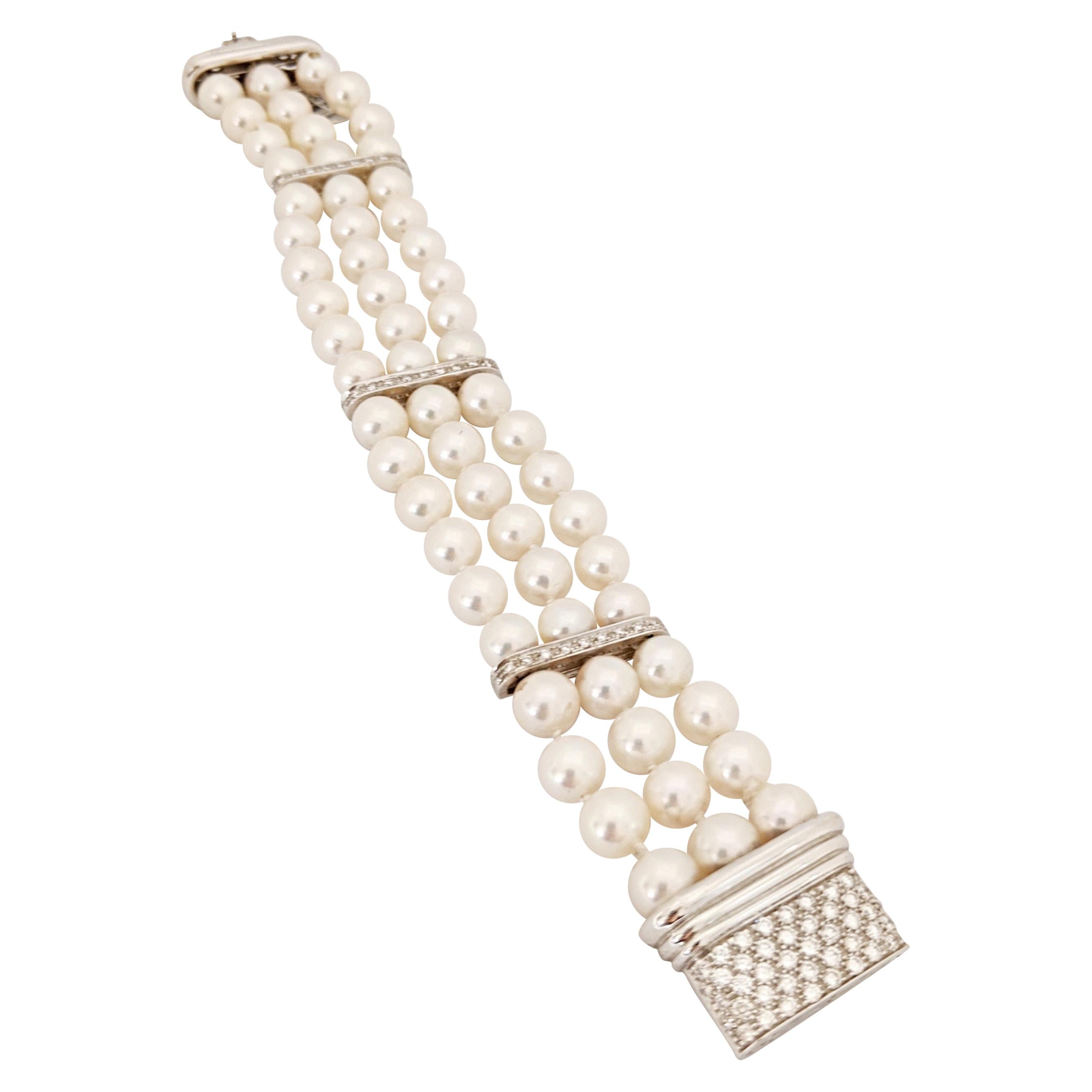 Three-Strand Pearl Bracelet with 18 Karat White Gold and Diamond Clasp For Sale