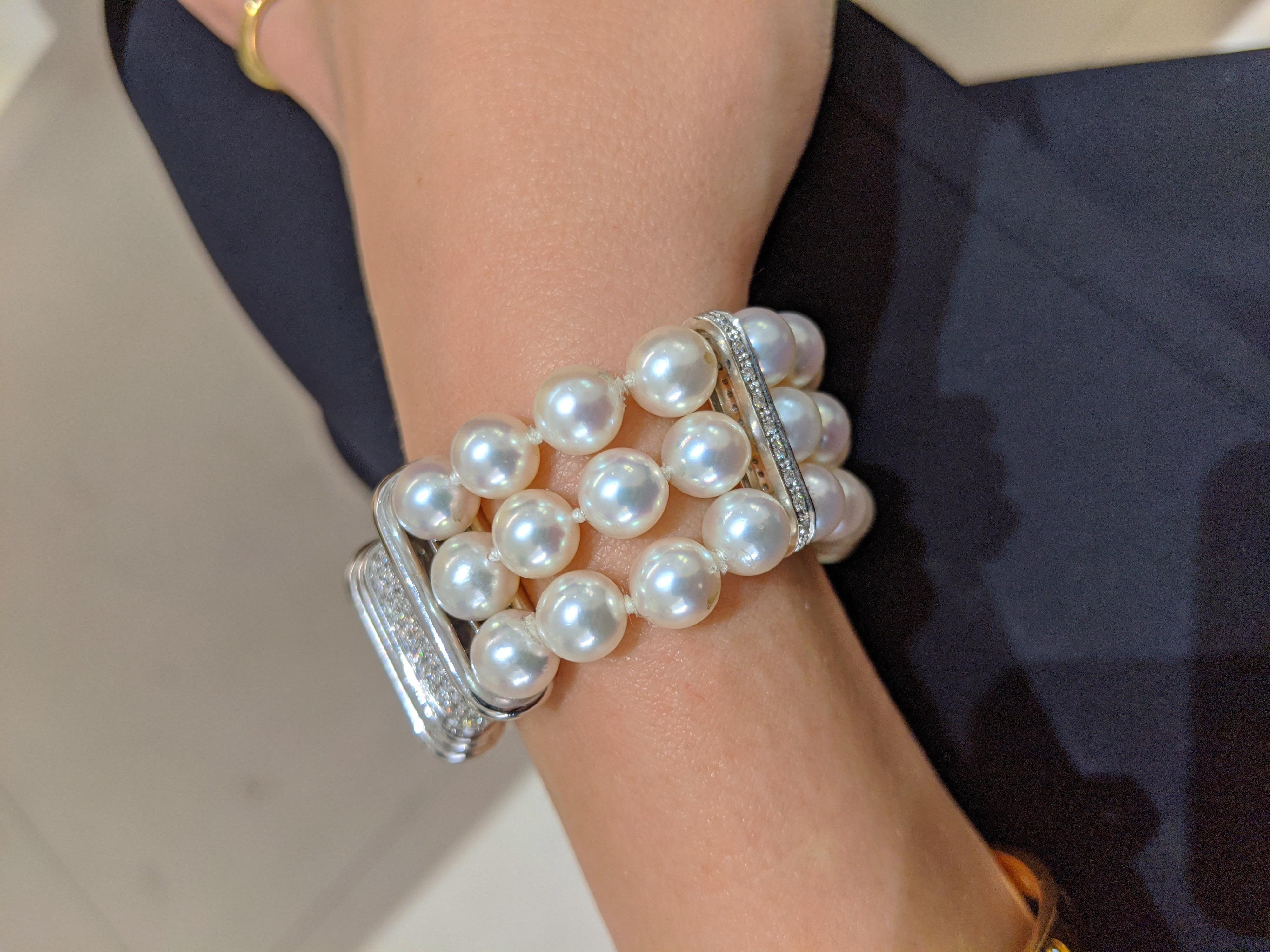 Round Cut Three-Strand Pearl Bracelet with 18 Karat White Gold and Diamond Clasp For Sale