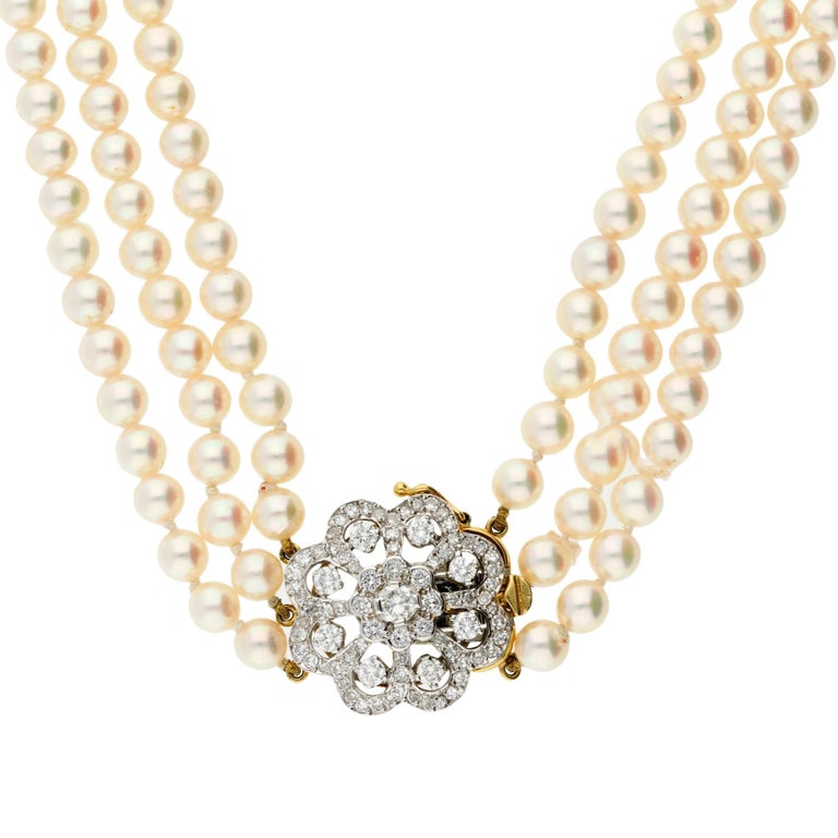 ThreeStrand Pearl Choker Necklace and 18 Carat Gold 1.40 Carat Diamond