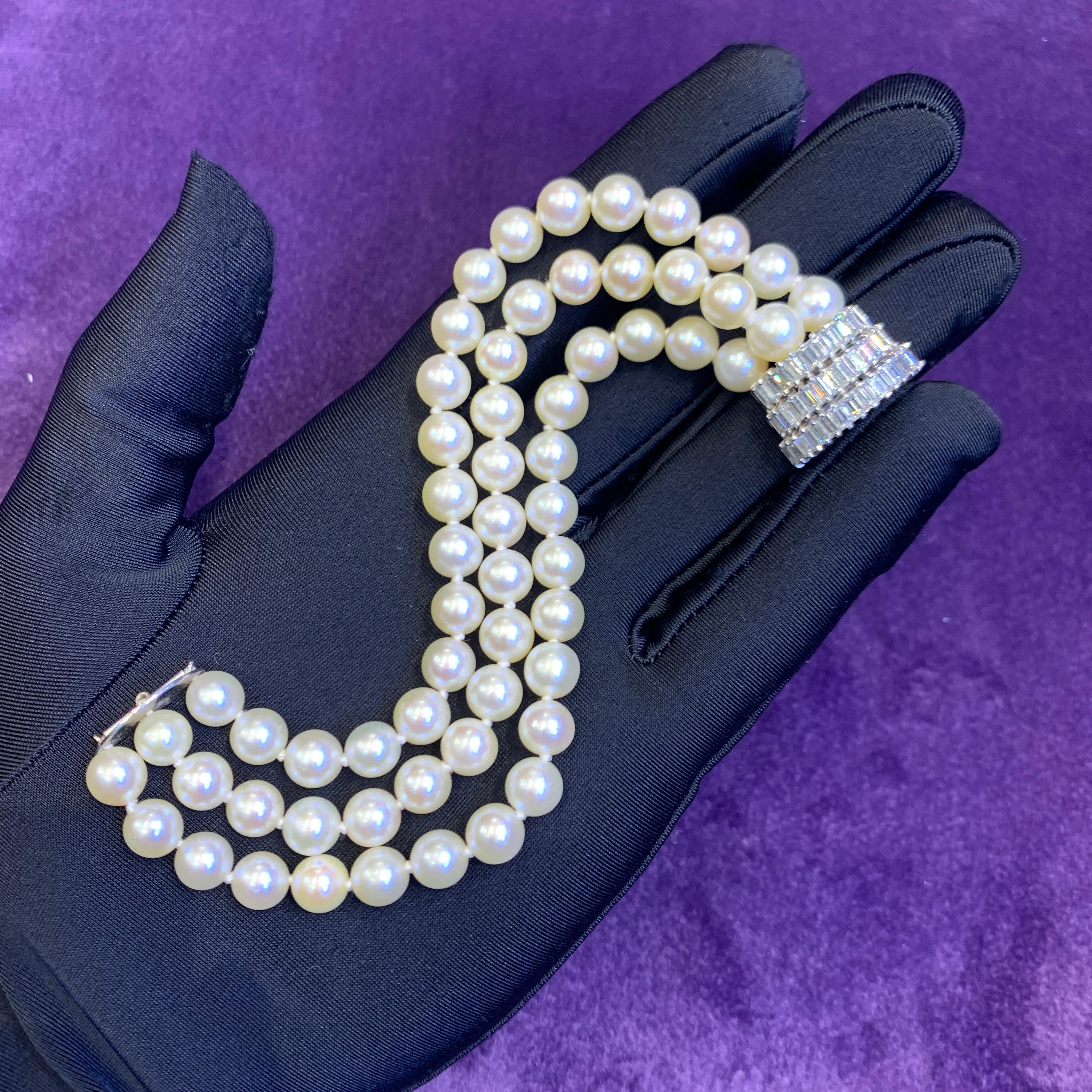 Baguette Cut Three Strand Pearl & Diamond Bracelet For Sale