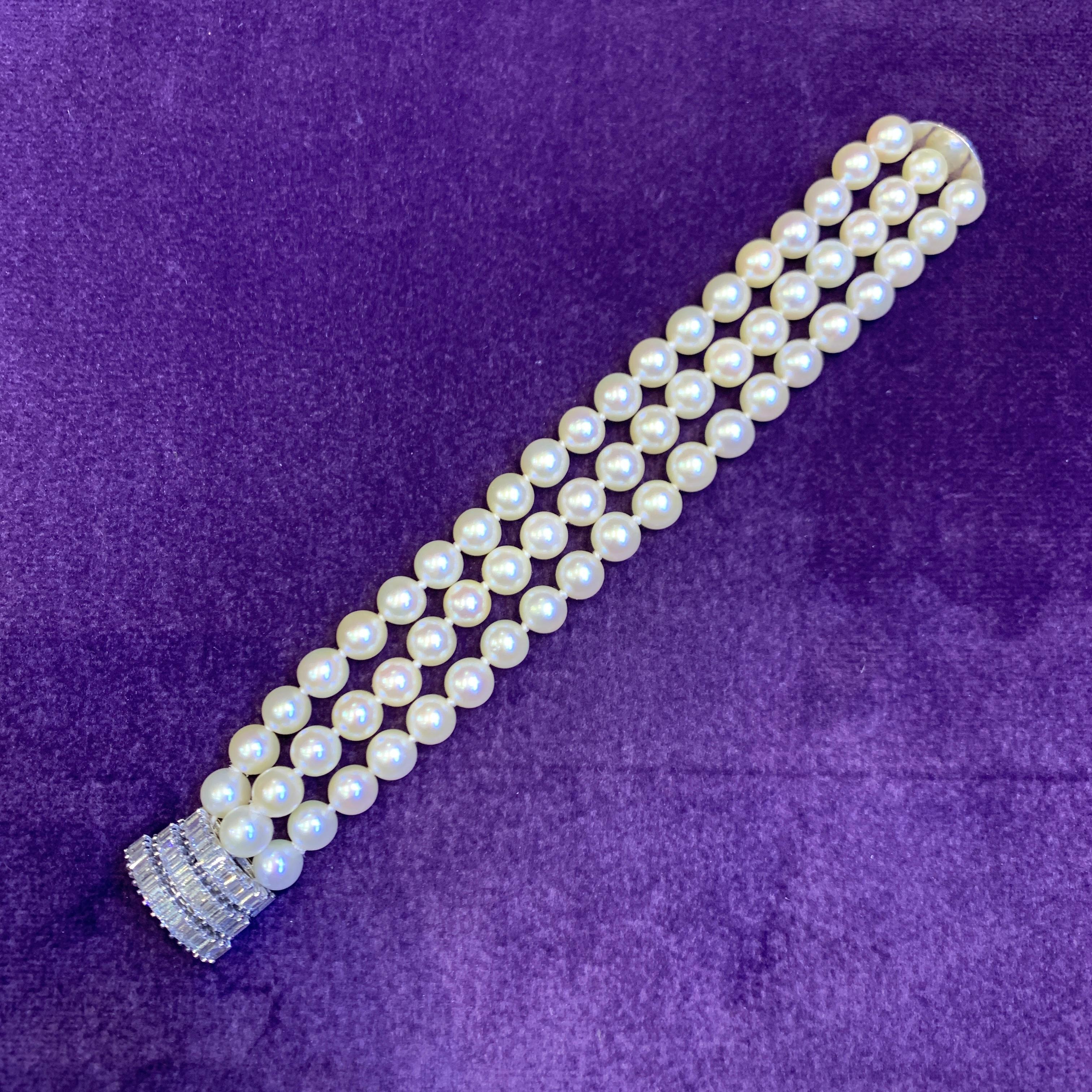Three Strand Pearl & Diamond Bracelet In Excellent Condition For Sale In New York, NY