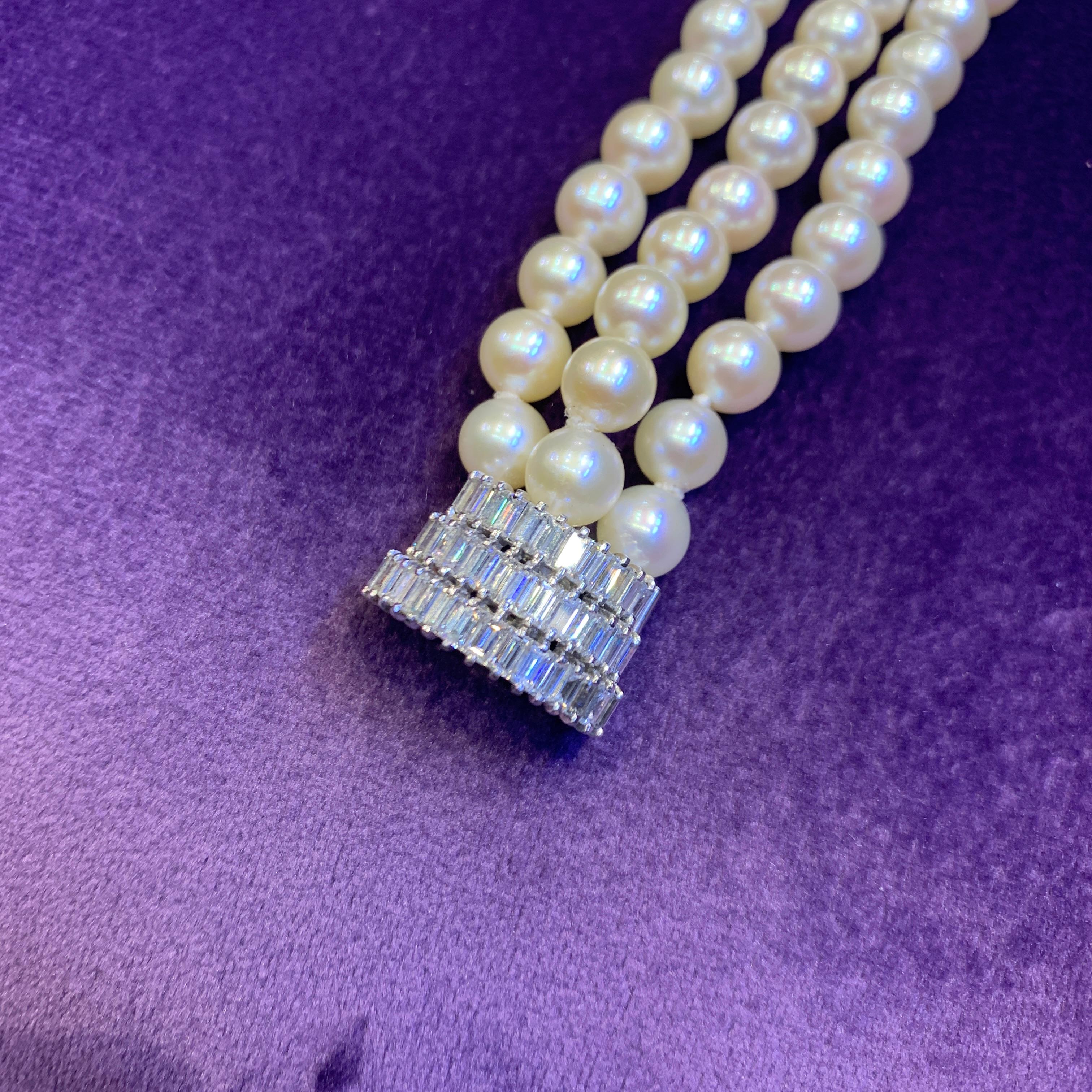 Women's Three Strand Pearl & Diamond Bracelet For Sale