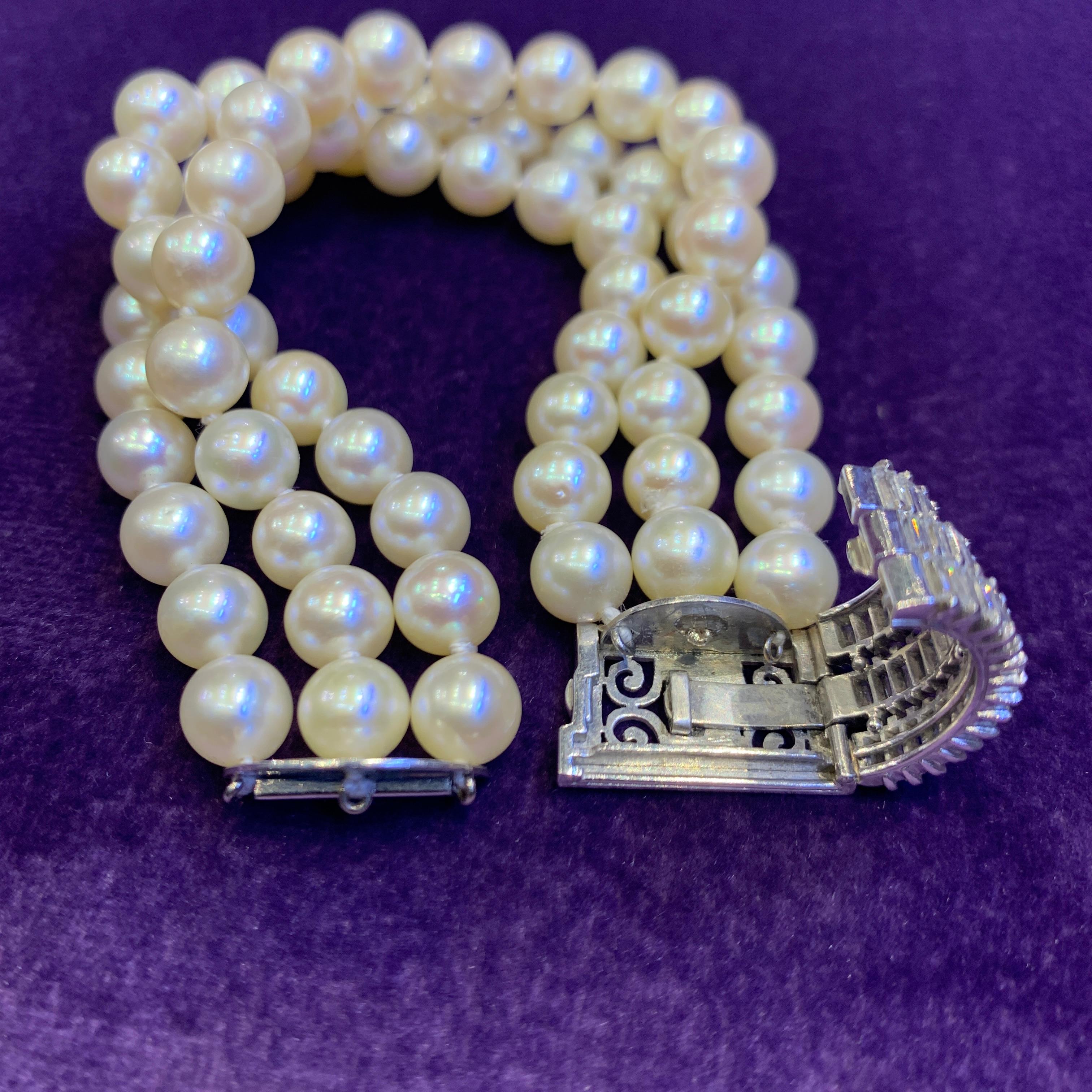Three Strand Pearl & Diamond Bracelet For Sale 1