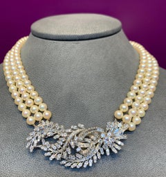 Three-Strand Pearl and Diamond Necklace