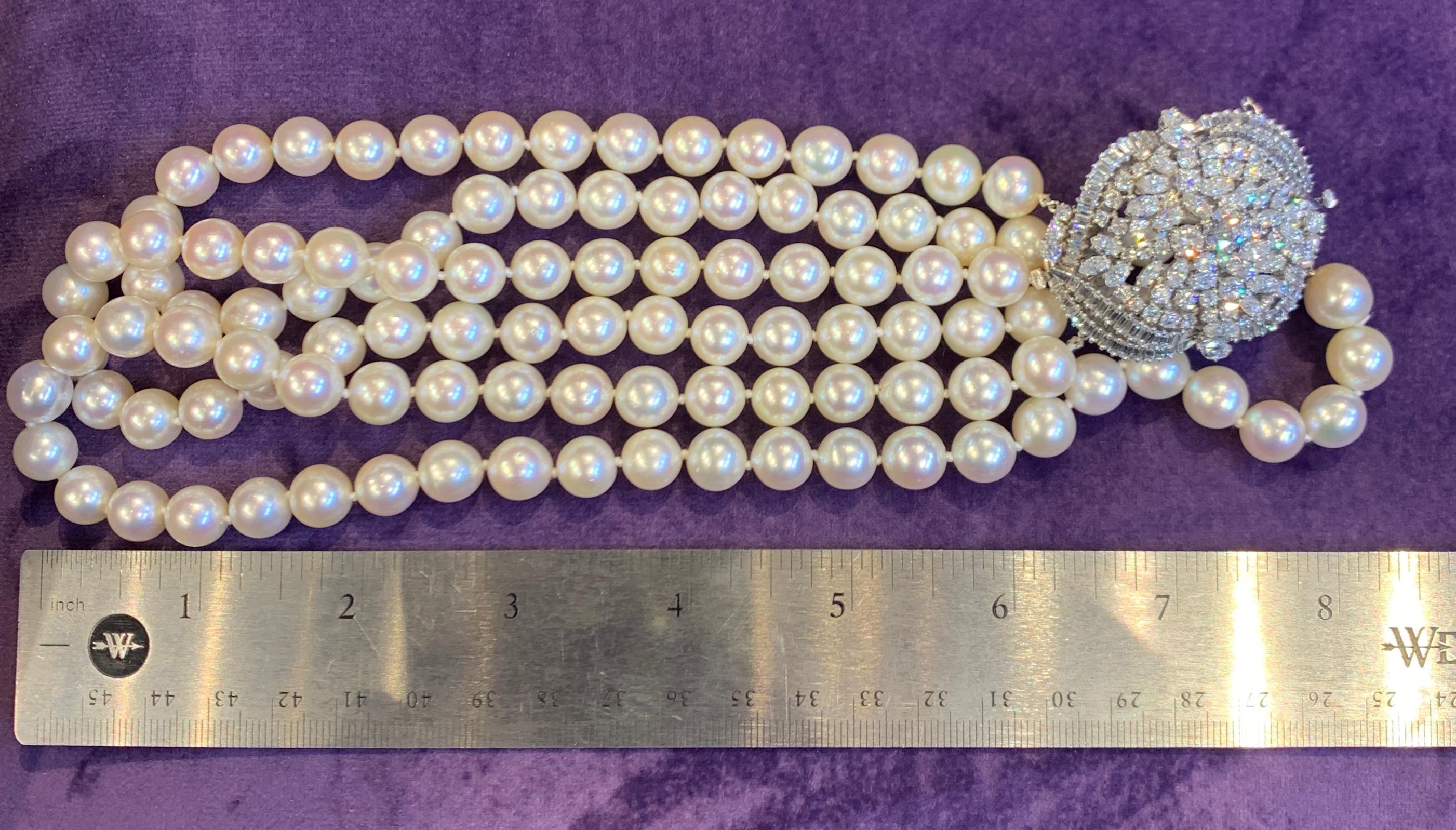 Three-Strand Pearl and Diamond Necklace In Excellent Condition For Sale In New York, NY