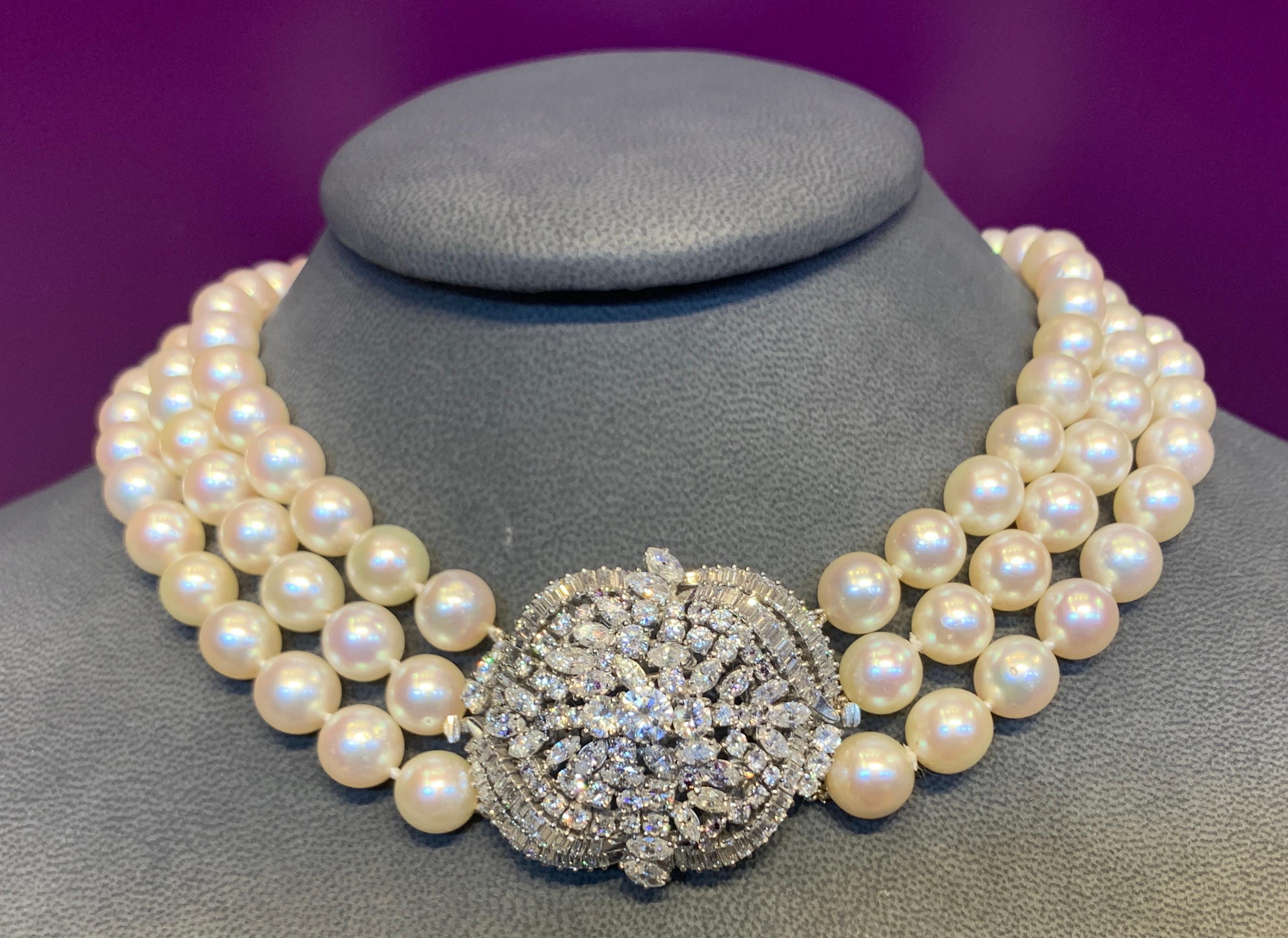 Three-Strand Pearl and Diamond Necklace For Sale 1