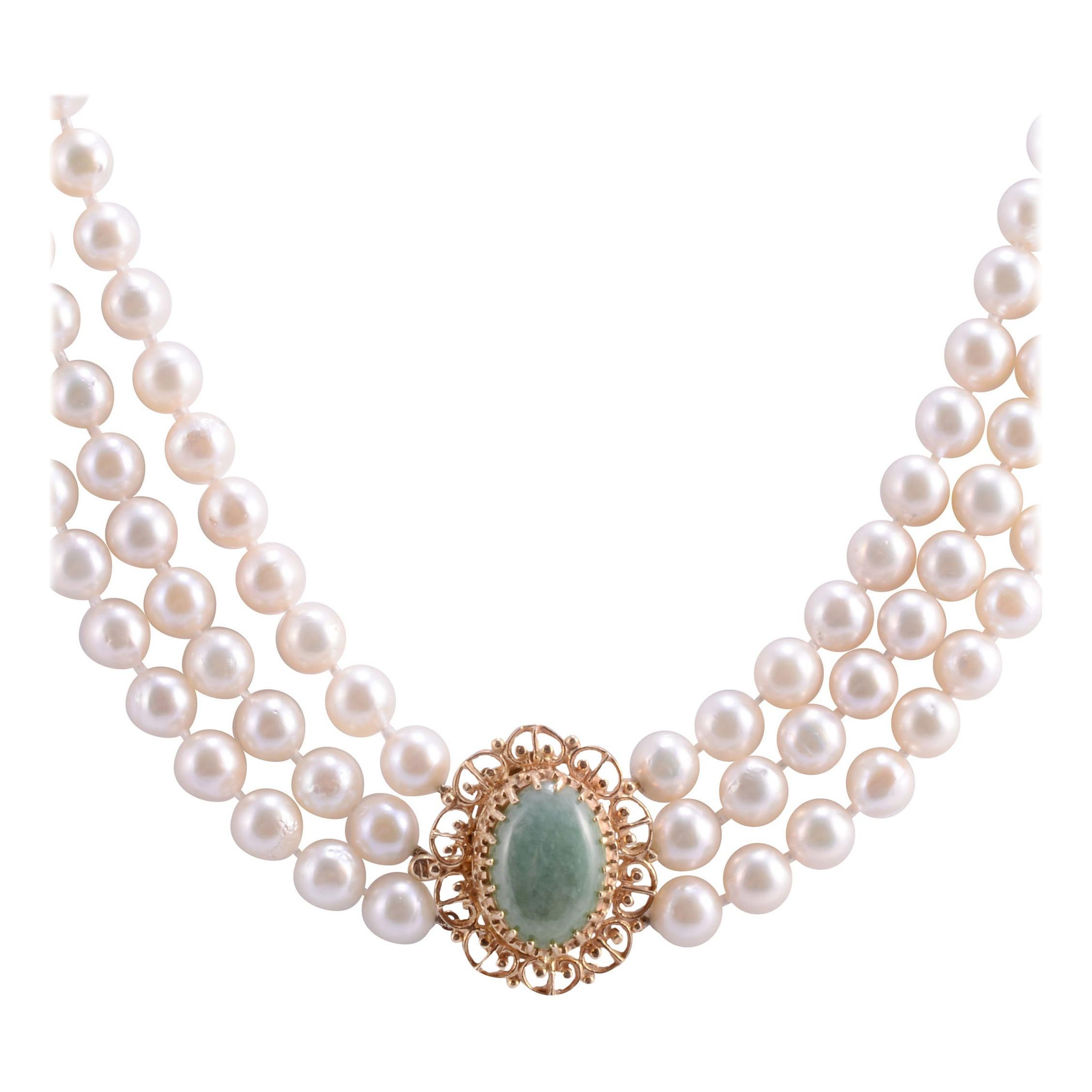3Strand Pearl Necklace with Diamond Gold Double Clasp at 1stDibs