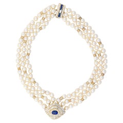 Three-Strand Pearl Necklace with Sapphire and Diamond Clasp